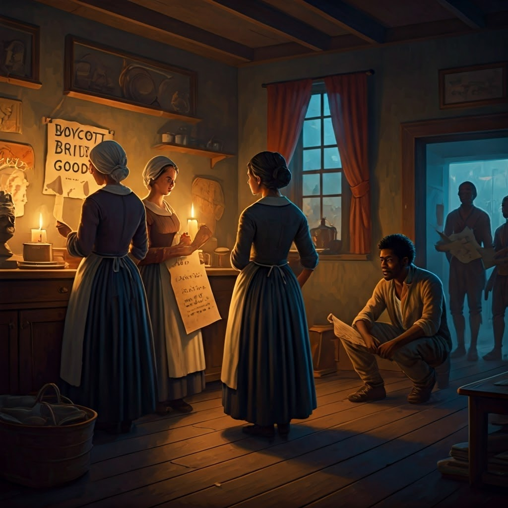 Candlelit kitchen where women plan boycotts while enslaved and Indigenous people weigh difficult choices, reflecting varied revolutionary roles.