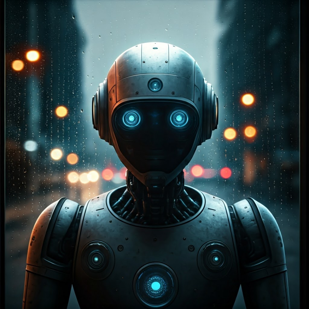 Service robot peers through a rain-dotted window, symbolizing how robots view the world through imperfect, noisy data.