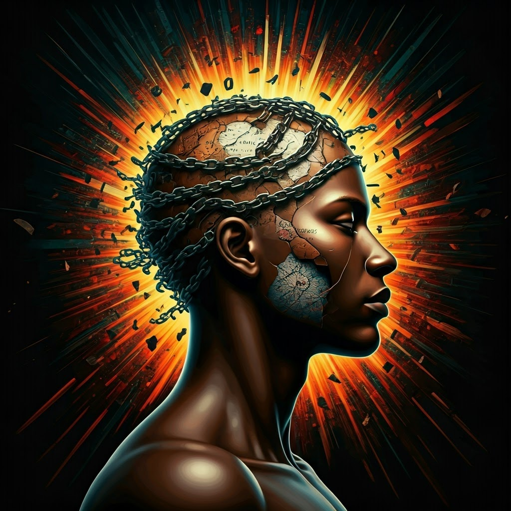 Shattered silhouette bound by chains of letters and maps, vibrant colors bursting through Afro-futurist patterns.