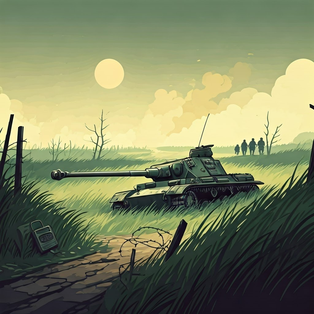 Abandoned German Panzer rusts in grass while weary soldiers trudge away