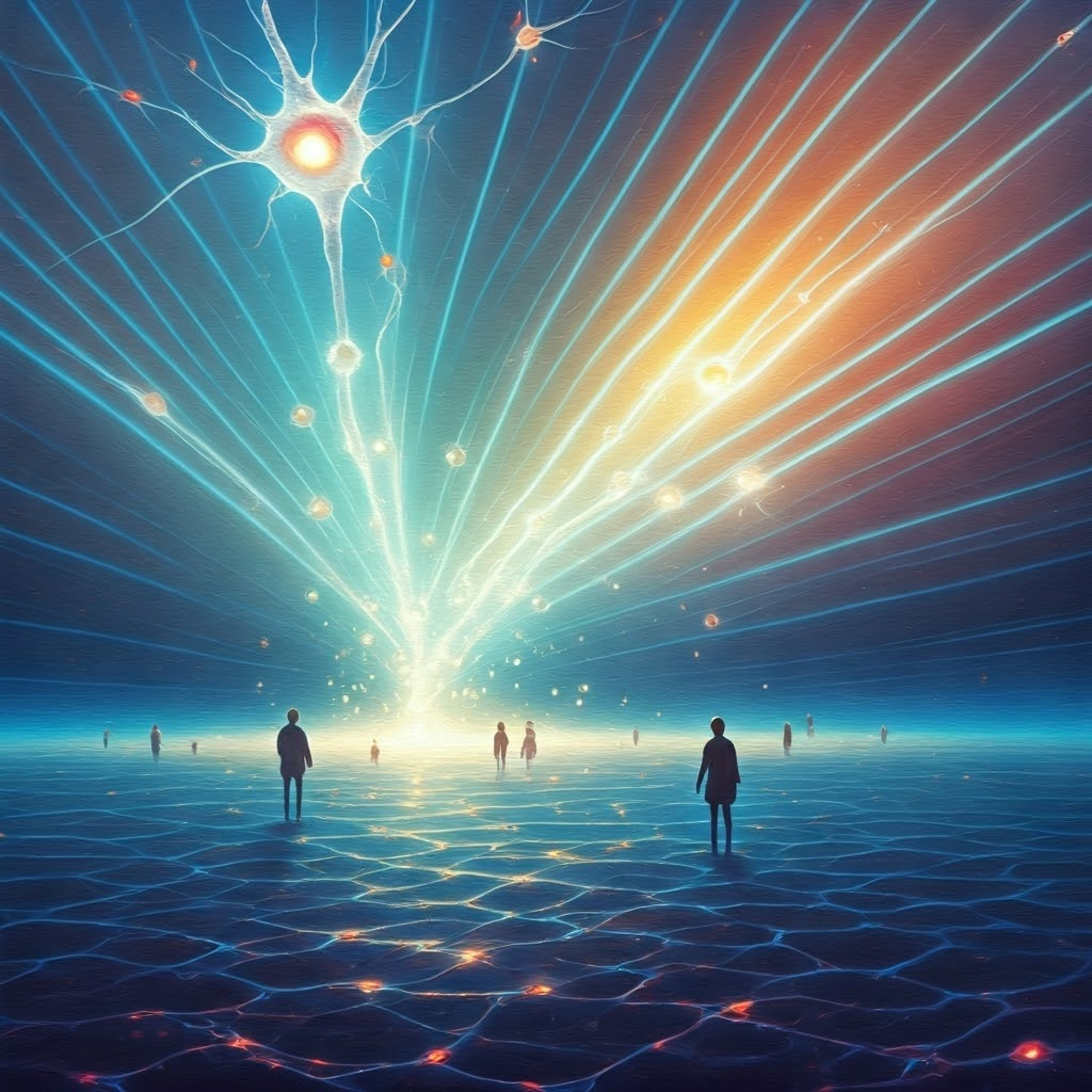 Impressionist scene of wide-spreading neuromodulator waves across neural fields