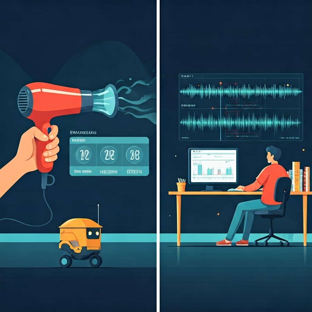 Split scene: hair dryer heats thermometer, editor applies filters, delivery robot rolls by.