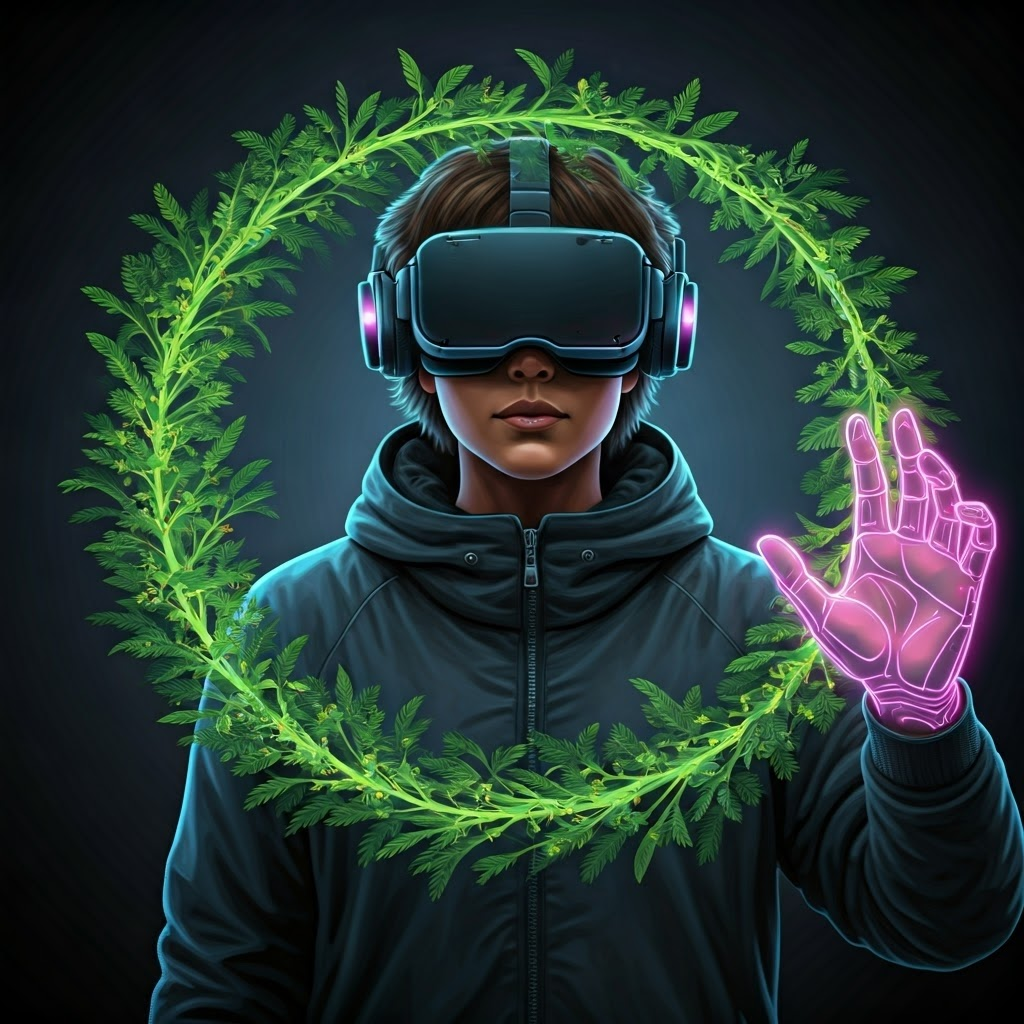 User in a dark room wearing a sleek VR headset while neon hands shape a digital forest, symbolizing immersive VR
