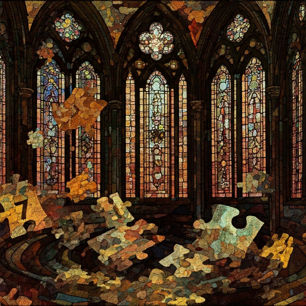 Colorful letter-shaped puzzle pieces fitting together against a dark backdrop, illustrating language complexity