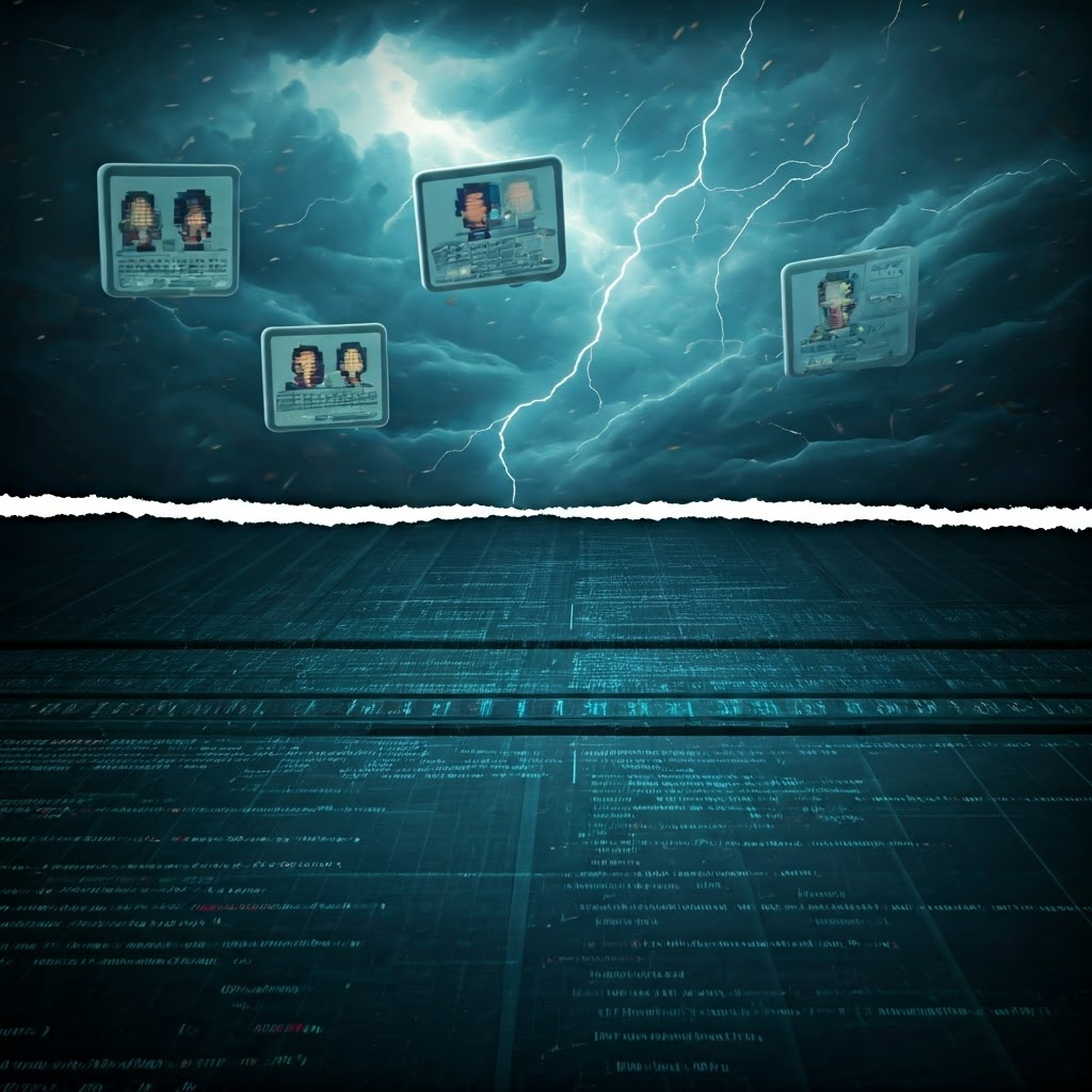 Collage contrasting early chaotic chat rooms with orderly modern servers