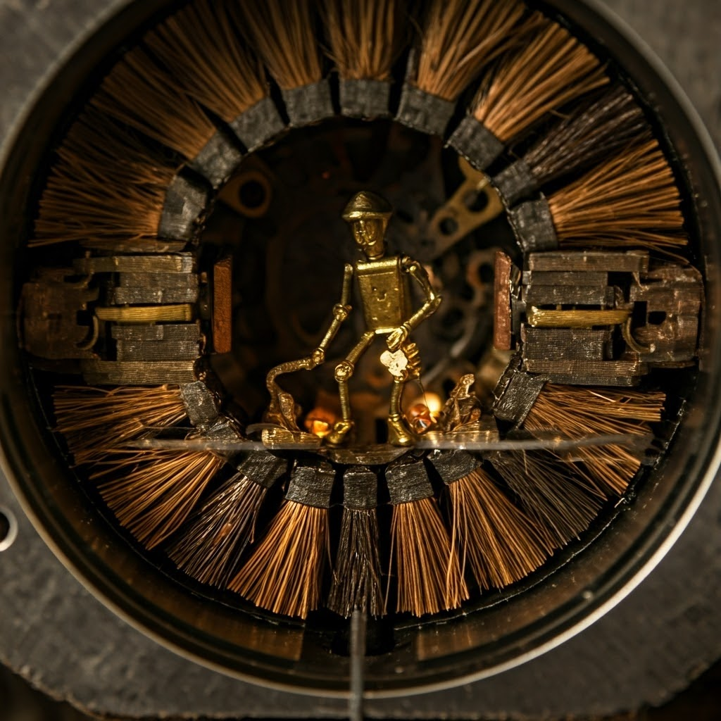 Tiny brass robot flipping switches inside a glowing motor commutator, sparks flying