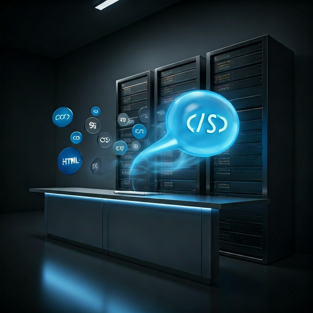 Graphic of an HTTP request traveling from a client computer to a server, showing menu-style icons for HTML, CSS, and JavaScript