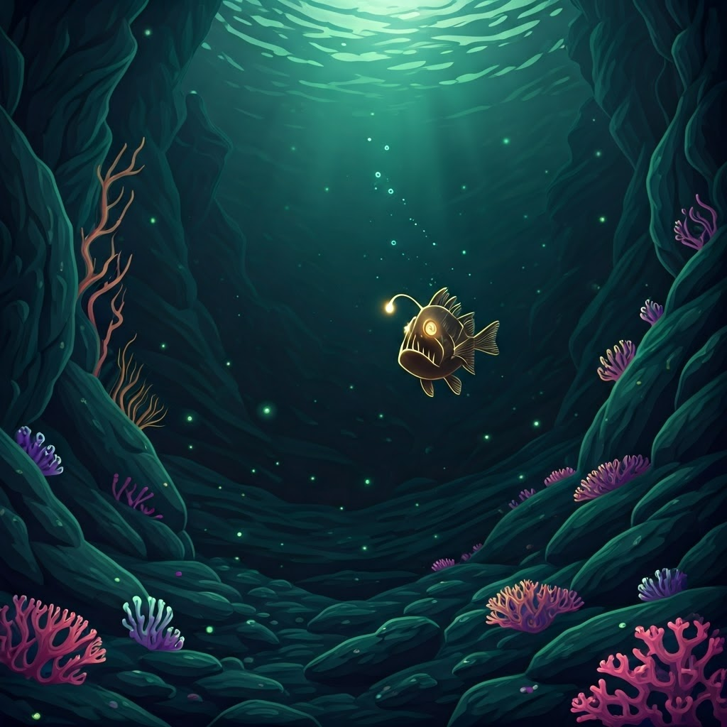 Bioluminescent anglerfish and drifting plankton sparkle over the rocky deep-sea floor.