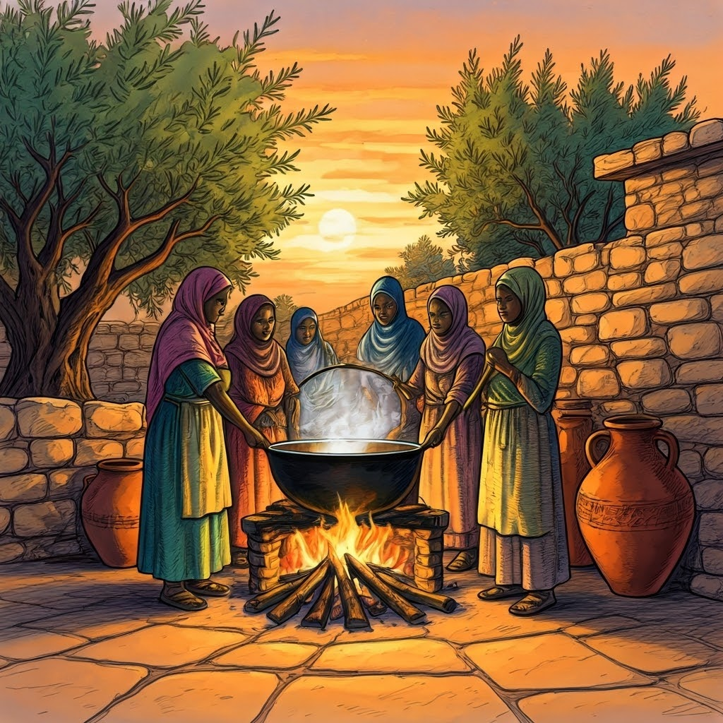 Women in Nigeria—some with hijabs, others with crucifixes—cook together in a courtyard, portraying peace-building through shared meals.