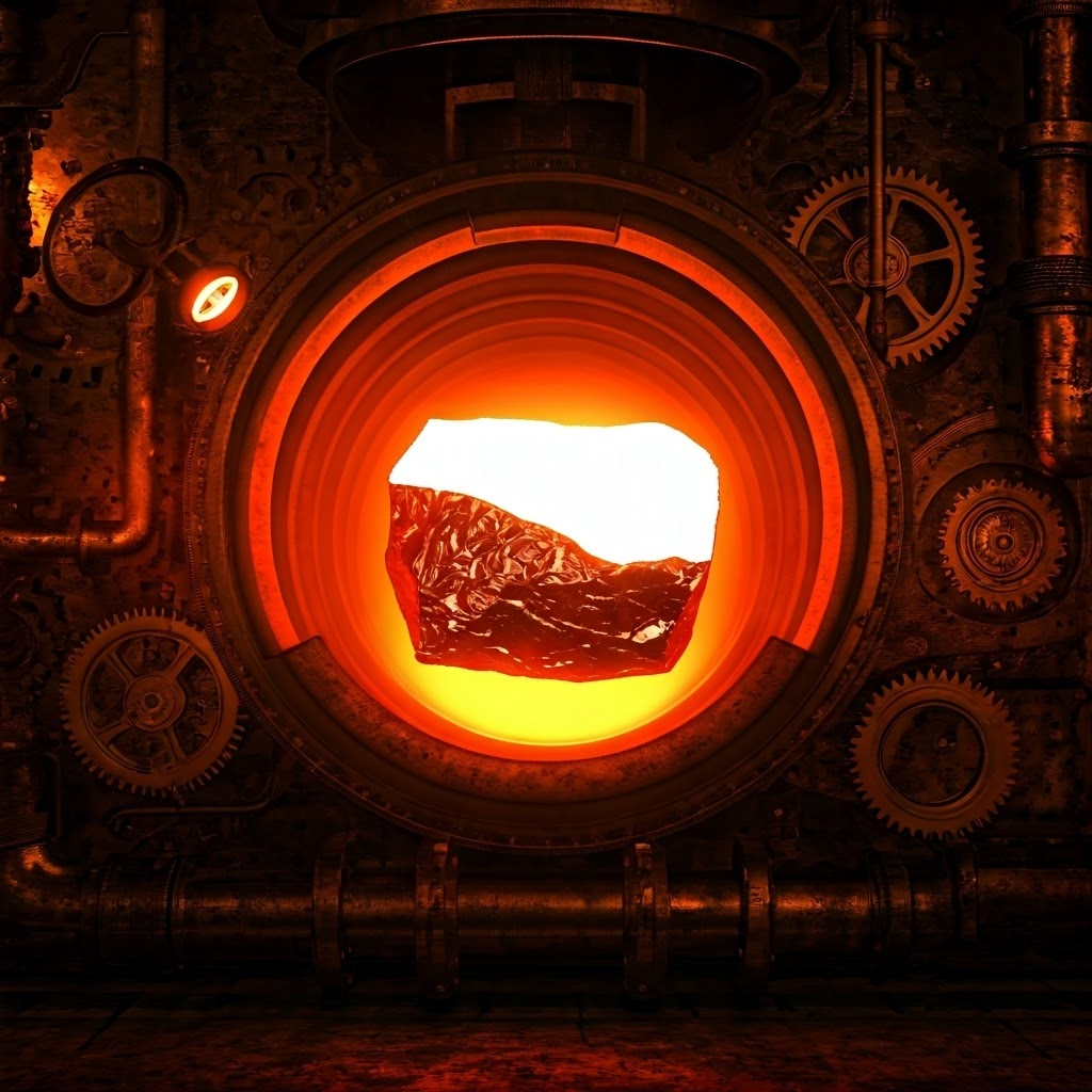 Steampunk metal block heating from red to white, radiating colored waves that frame the black-body concept