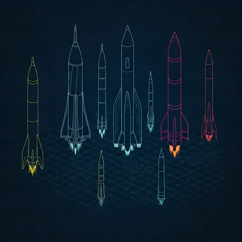 Minimalist blueprint graphic showing silhouettes of multiple rocket classes over a dark grid background
