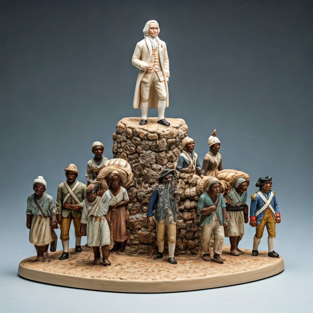 Miniature social pyramid showing planter, petits blancs, free people of color, and enslaved Africans arranged by status.