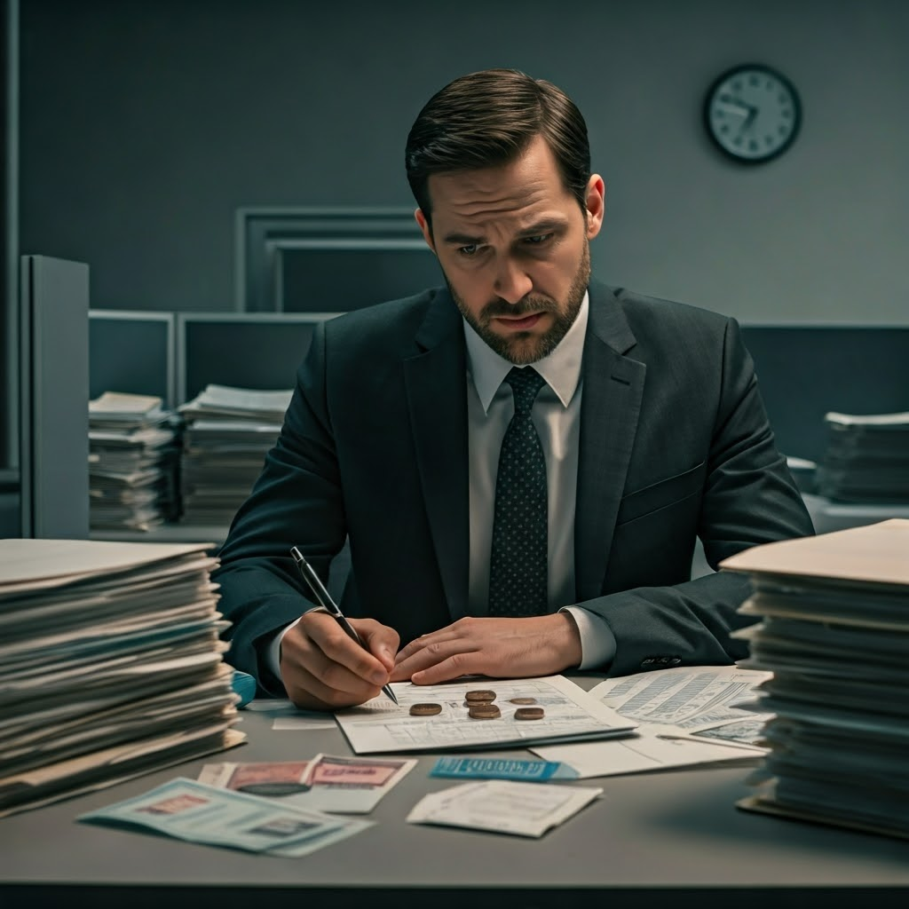 A stressed office worker surrounded by international wire forms, multiple currencies, and a wall clock showing different time zones, illustrating the complexity of cross-border banking.