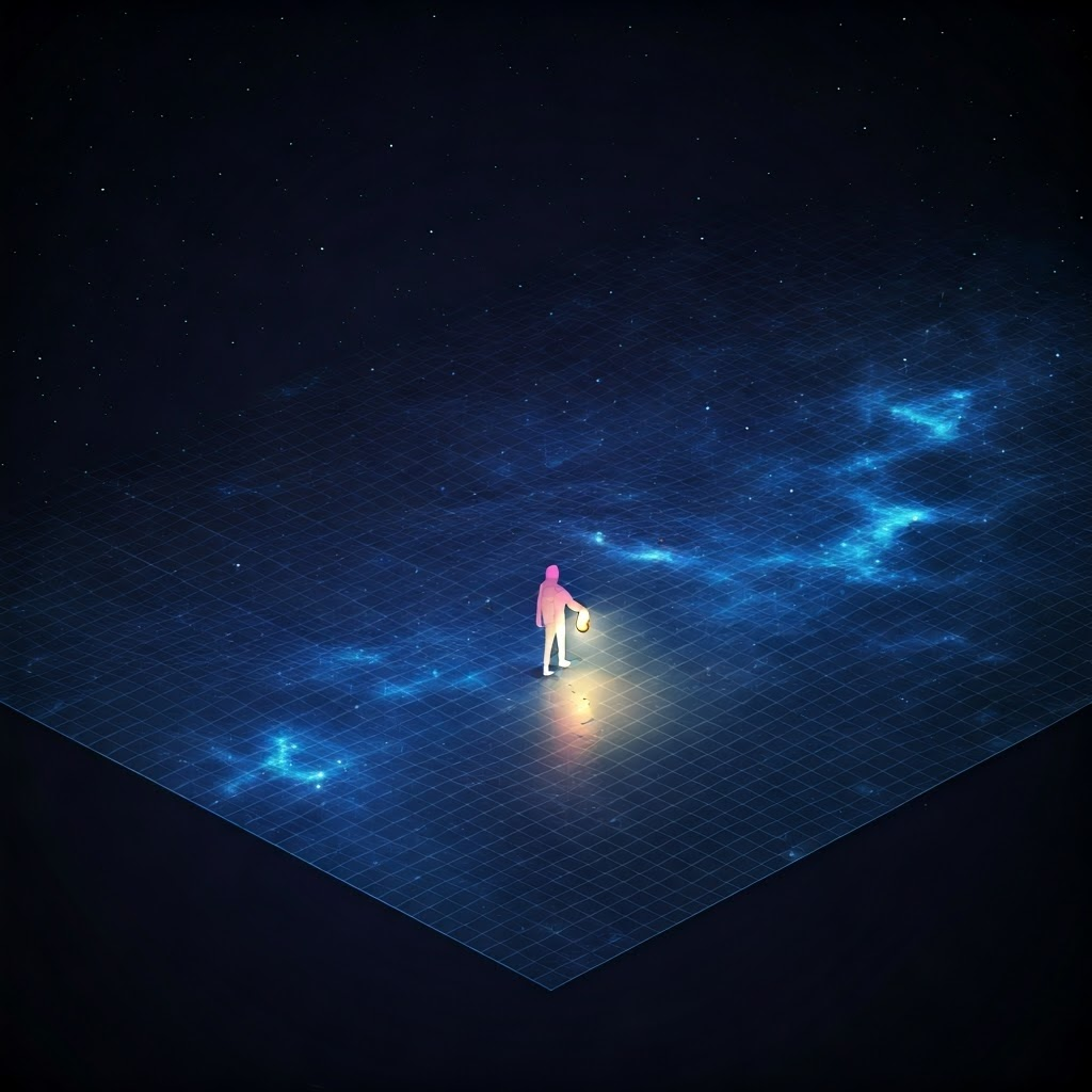 A glowing isometric grid stretches into space, dotted with points that mark possible AI creations while a figure explores with a lantern.