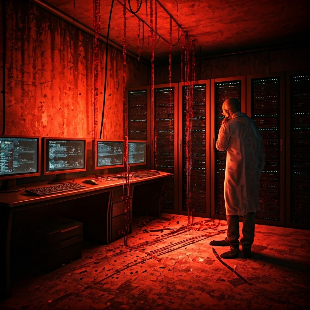 Chaos erupts in a breached server room, highlighting the high stakes of genetic data hacks.