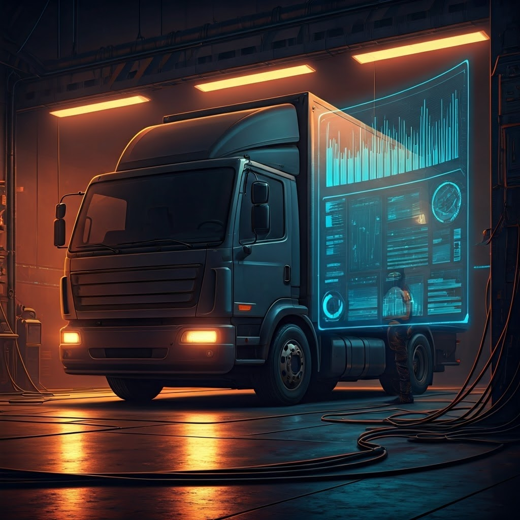 Smart truck in neon-lit maintenance bay showcases AI-powered vehicle diagnostics.
