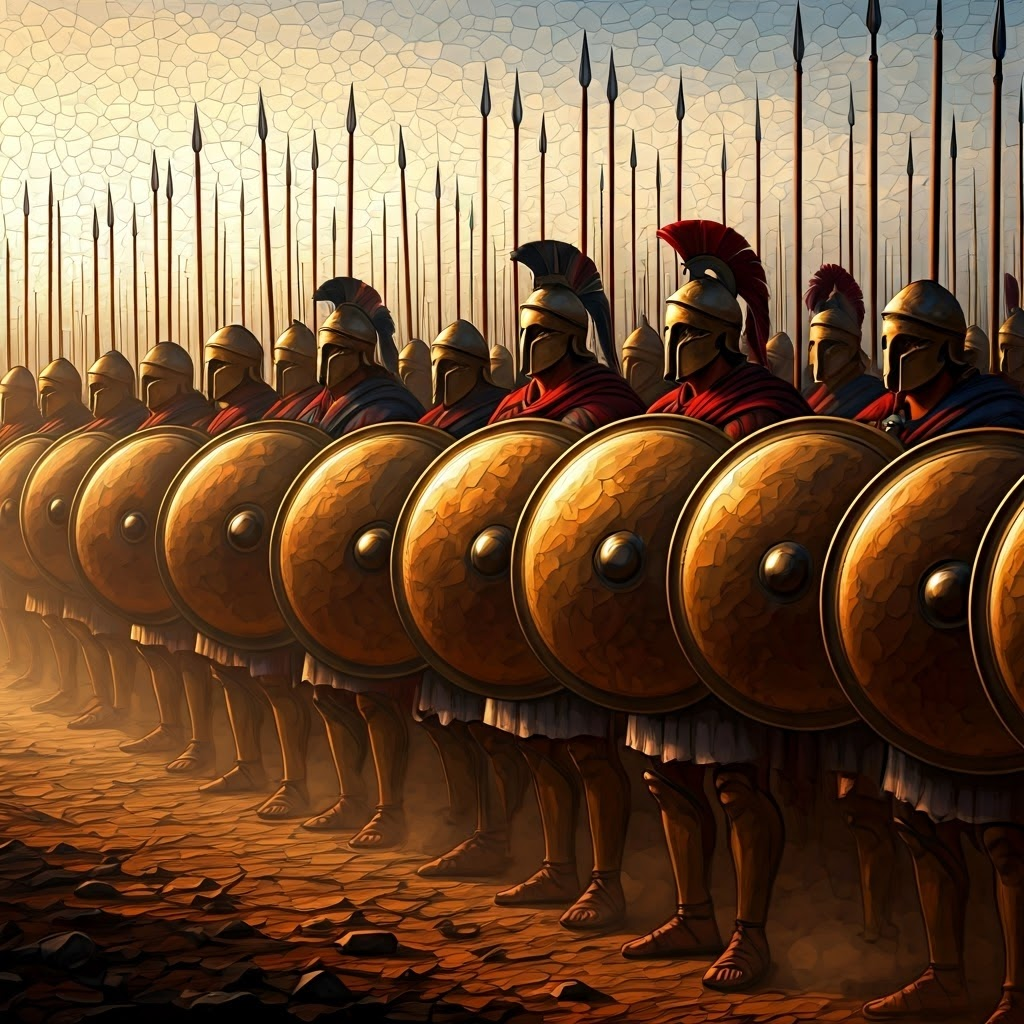 Line of Greek hoplites at sunrise, shields overlapping and spears raised, ready to advance as one.