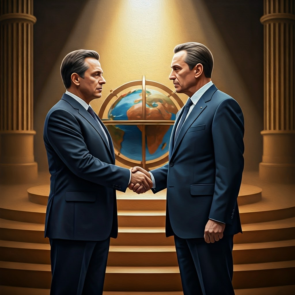 Two suited leaders shake hands stiffly in a grand hall, spotlighting cautious diplomacy