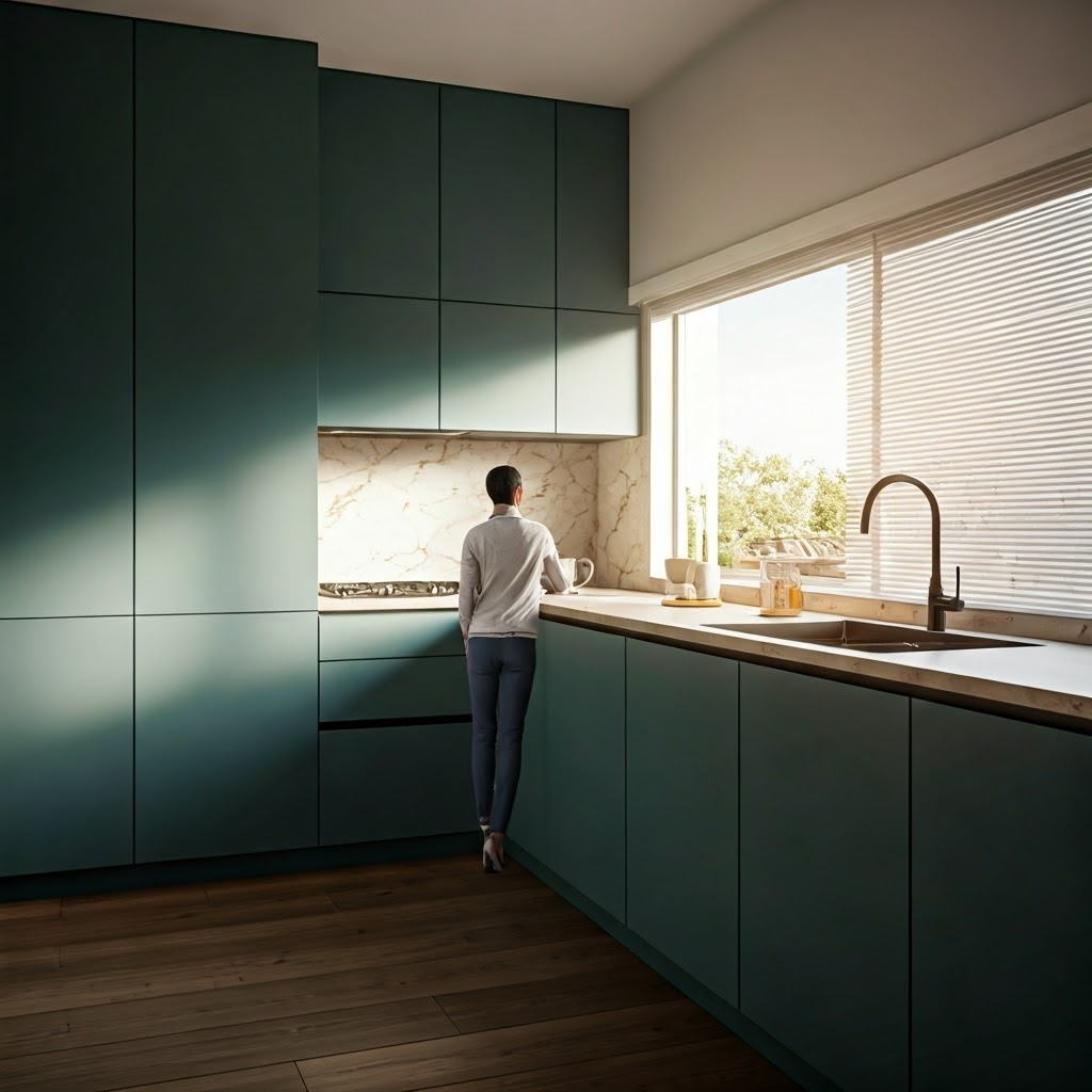 Sunlit VR kitchen where countertops and handles match everyday proportions for comfortable reach
