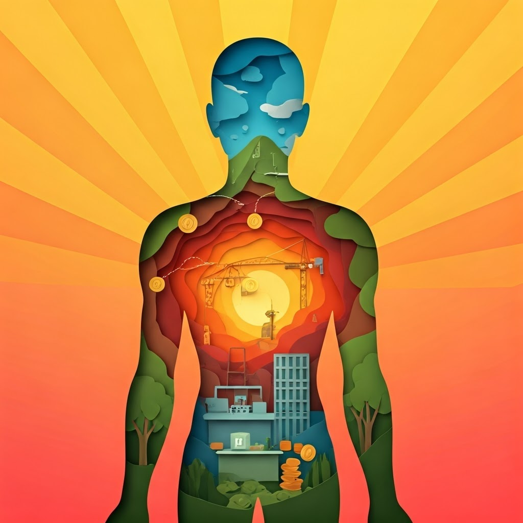 Colorful paper-cut human silhouette containing a kitchen, workshop, and bank linked by floating ATP coins—summarizing the full metabolic story.