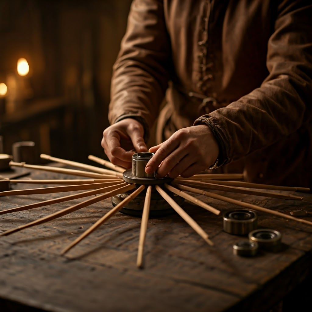 Ancient artisan fitting wooden spokes into a hub, revealing the leap to lightweight chariot wheels.