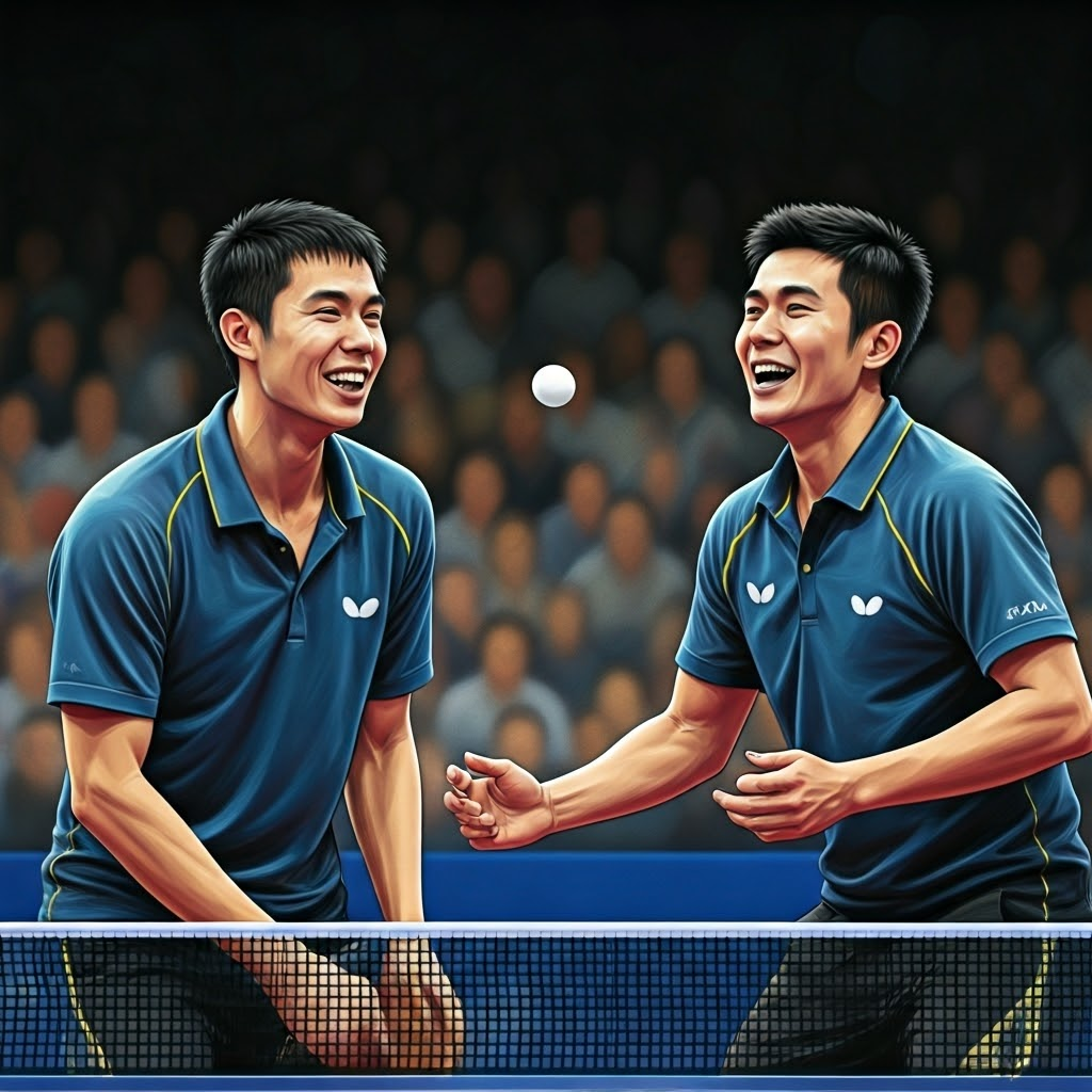 Close view of laughing ping-pong opponents as the ball arcs over the net, showing human connection