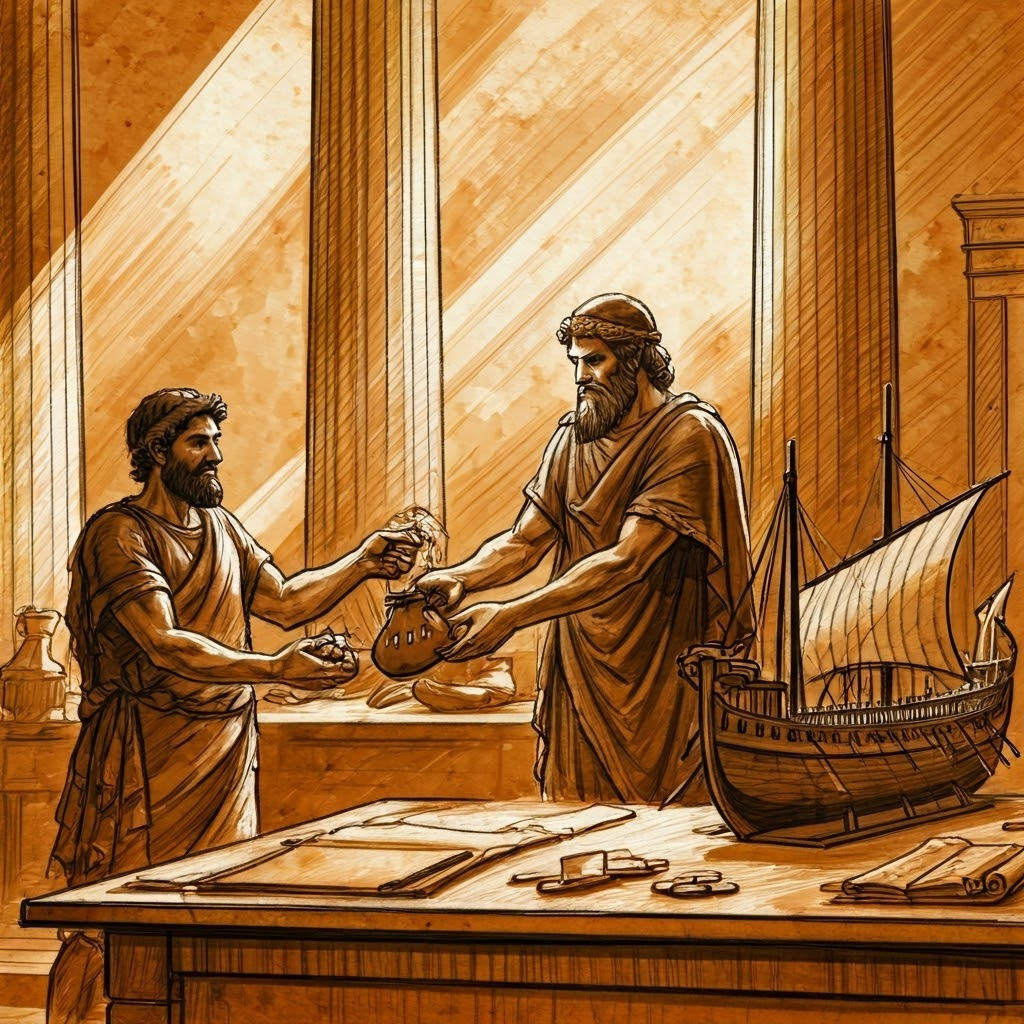 A farmer pockets a small payment while a wealthy man signs to fund a warship, symbolizing shared costs.