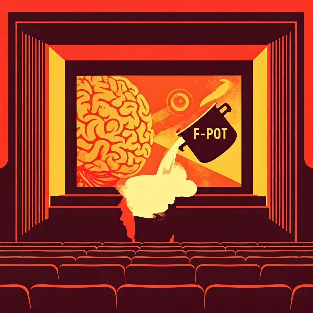 Retro poster of a theater-style occipital lobe screening vivid visuals