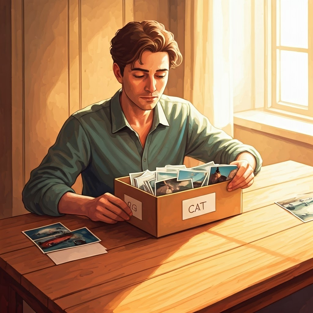 Person sorting printed vacation photos into boxes labeled dog, cat, and car on a sunlit table