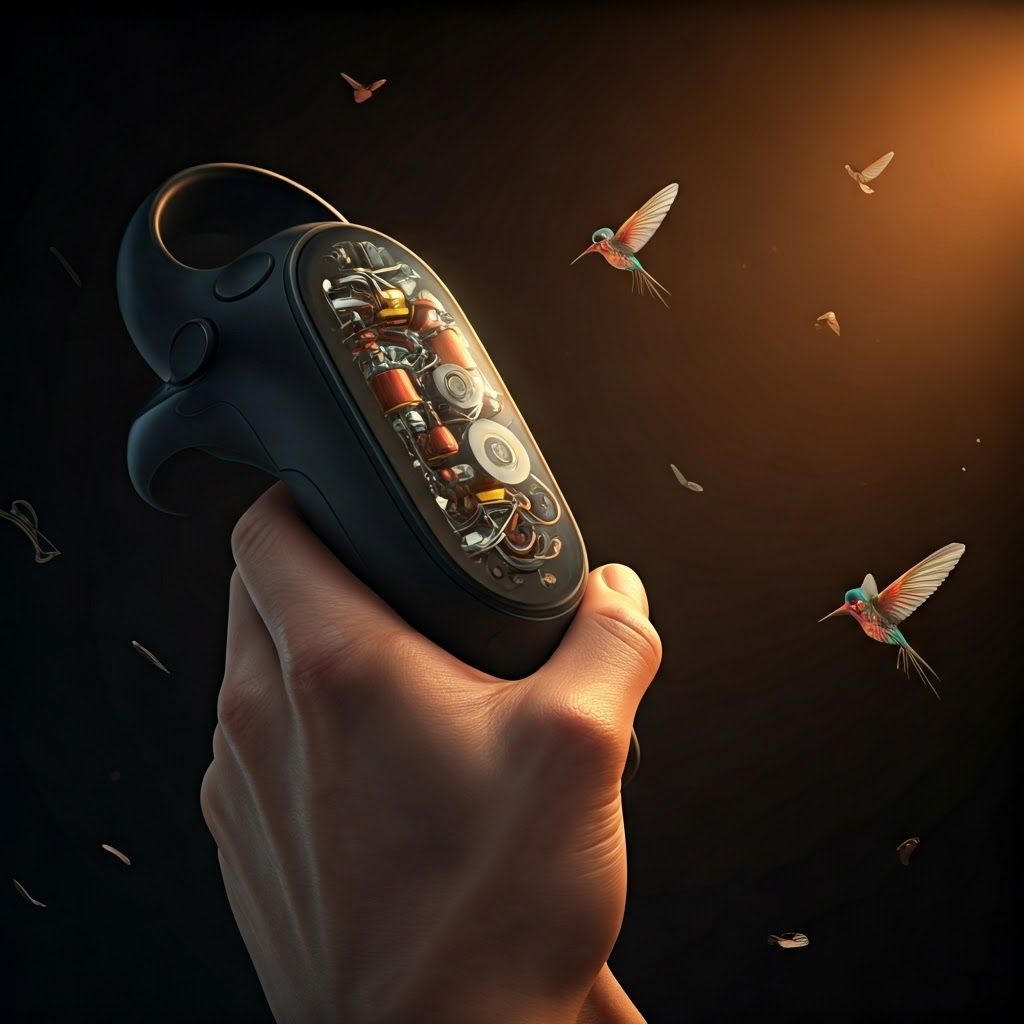 Hand holds a VR controller with tiny motors glowing inside, suggesting tactile vibration