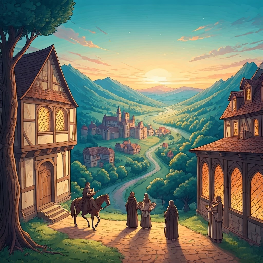 Watercolor panorama links medieval monasteries across Europe, illustrating their network of learning and influence.