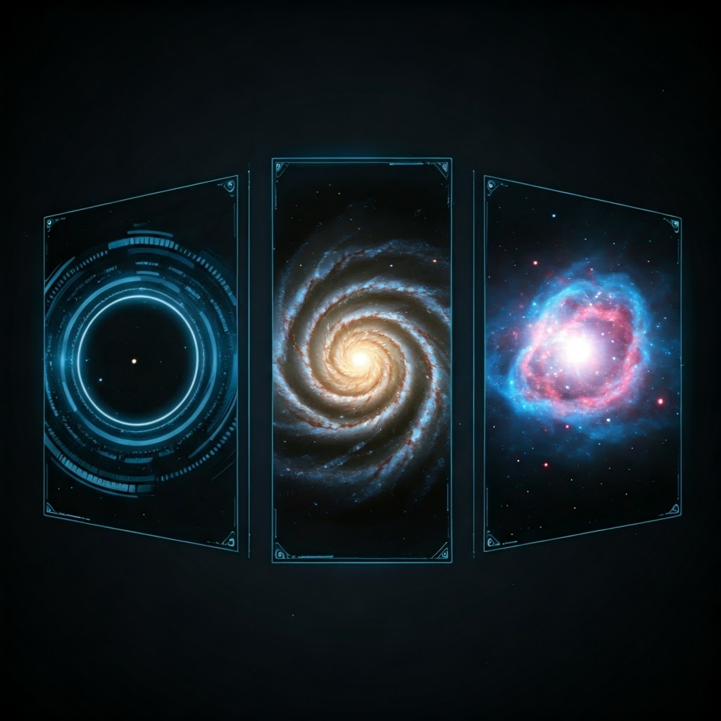 Futuristic triptych of Hoag’s Object, a barred spiral, and a starburst galaxy connected by glowing lines.
