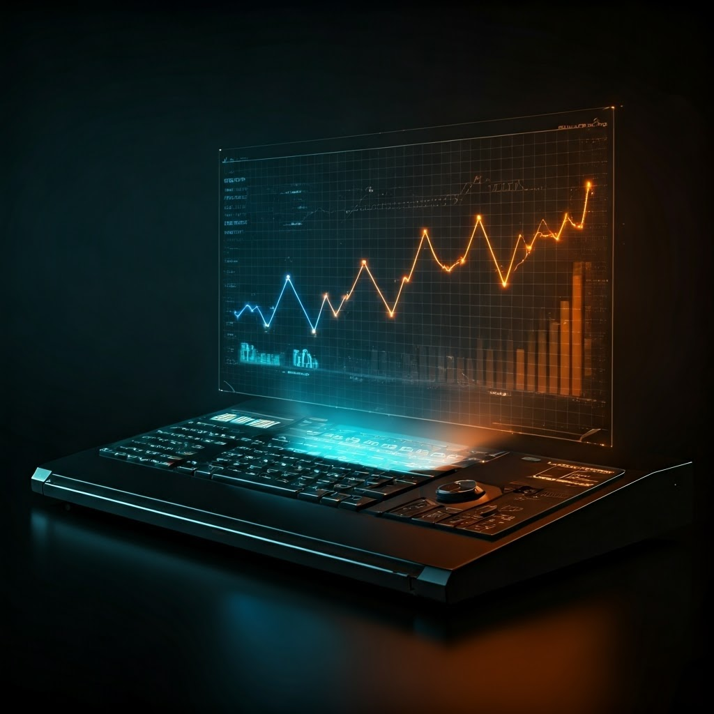 Two glowing line charts, one blue and one orange, hover above a sleek holographic console in a neon-lit room to illustrate clean data-first design