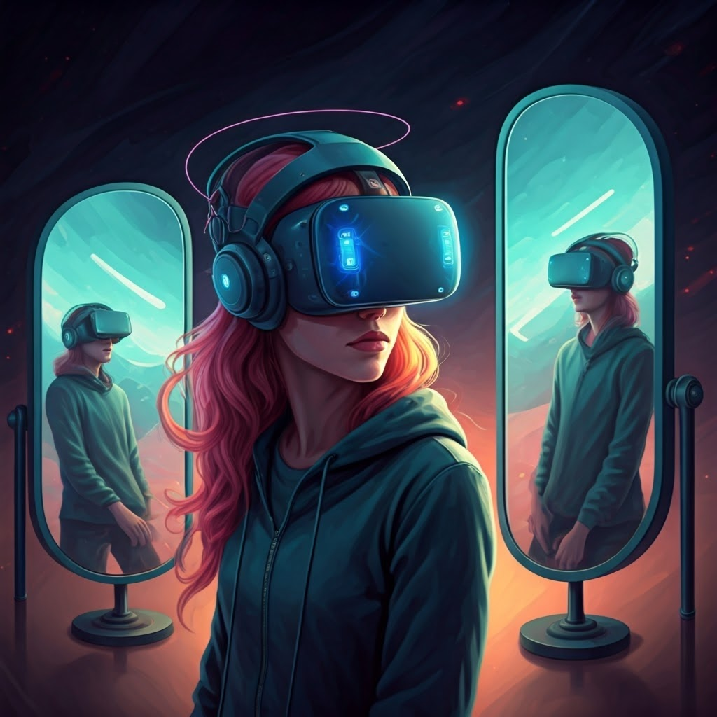 Artistic scene contrasting real and virtual movements reflected by headset sensors.