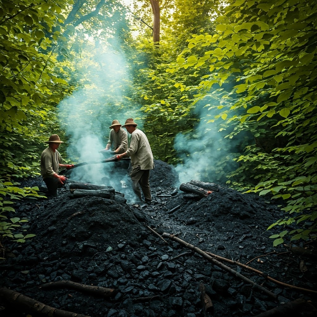 Charcoal burners stack logs on smoking earth kilns in a dense British forest, showing how early ironmaking relied on woodland fuel.