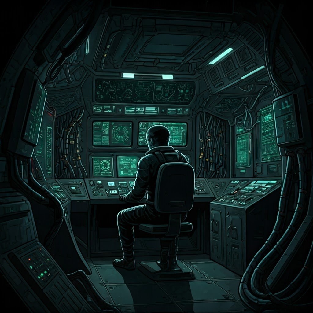 Dim control compartment with glowing wires and circuit boards symbolizing a spacecraft’s neural pathways