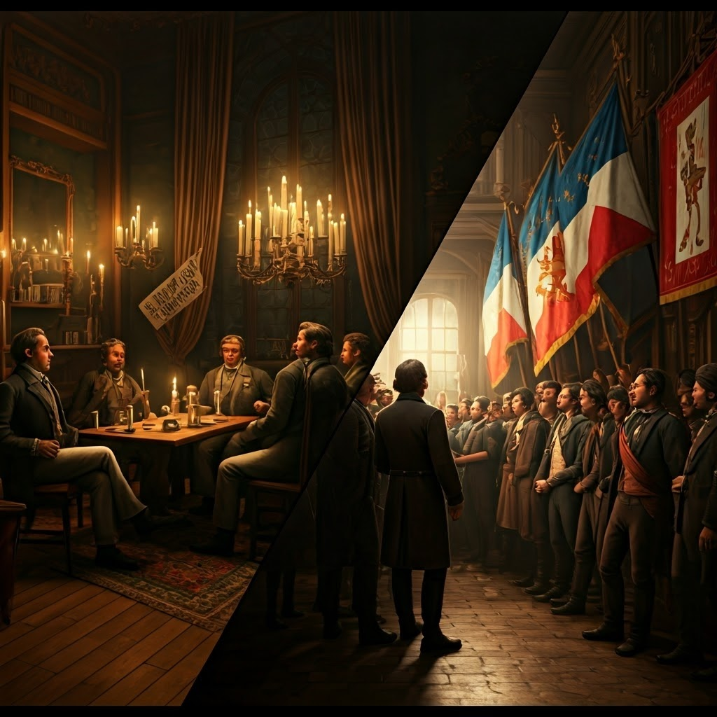 Miniature diorama showing liberals chanting "Liberty, Equality, Fraternity" on one side and students debating flags on the other, both under warm candlelight.