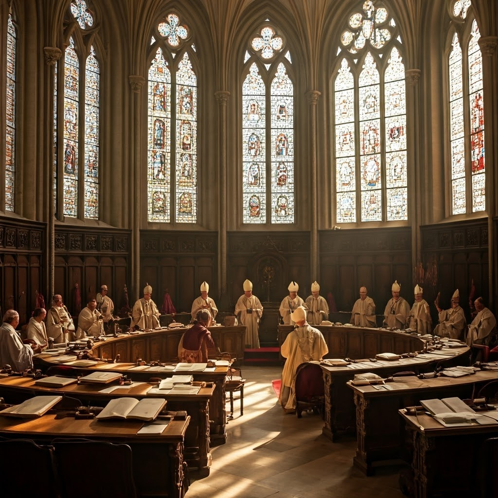 Global bishops meet in a sunlit hall during Vatican II, signaling a hopeful push for renewal.