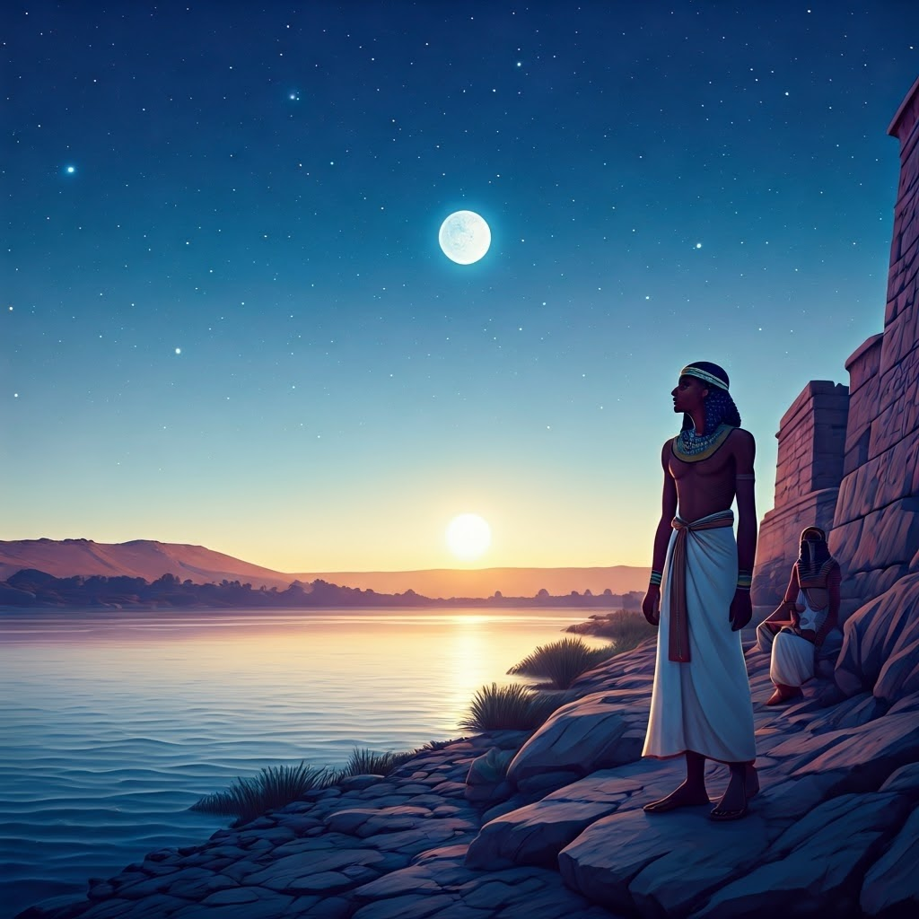 Watercolor of an ancient Nile riverbank under a starry sky capturing early stargazing