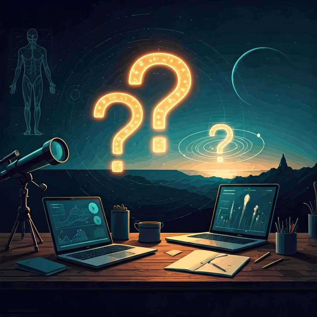 Modern desk with notebooks, laptops, telescope, and glowing question marks symbolizing curiosity and method