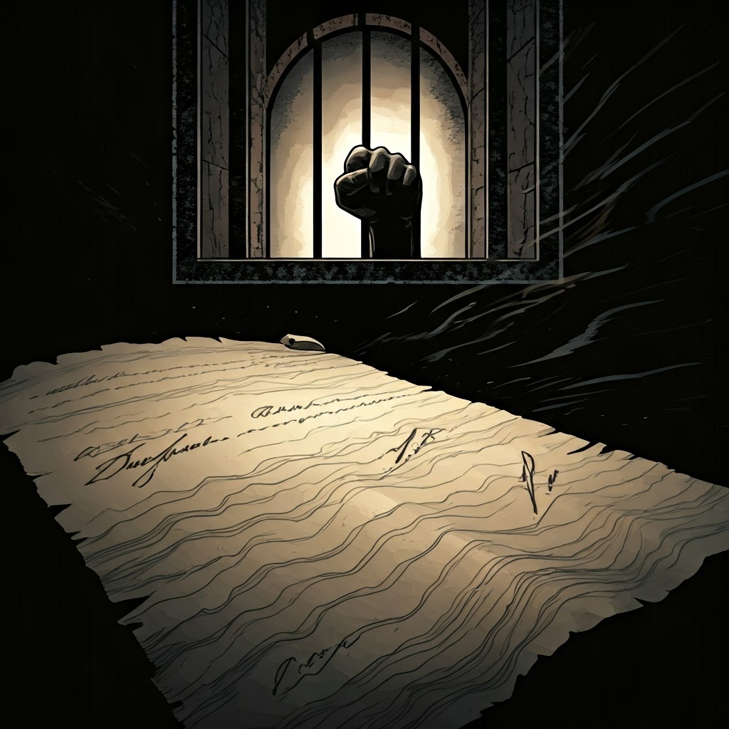 Gothic comic image of cracked parchment, clenched fist, and barred window, highlighting broken promises