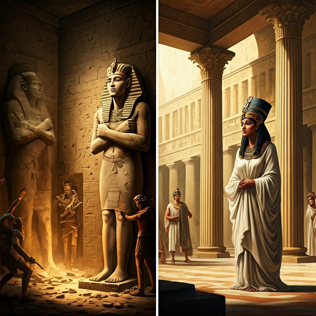 Defaced statues of Hatshepsut alongside a vibrant court scene of Cleopatra.
