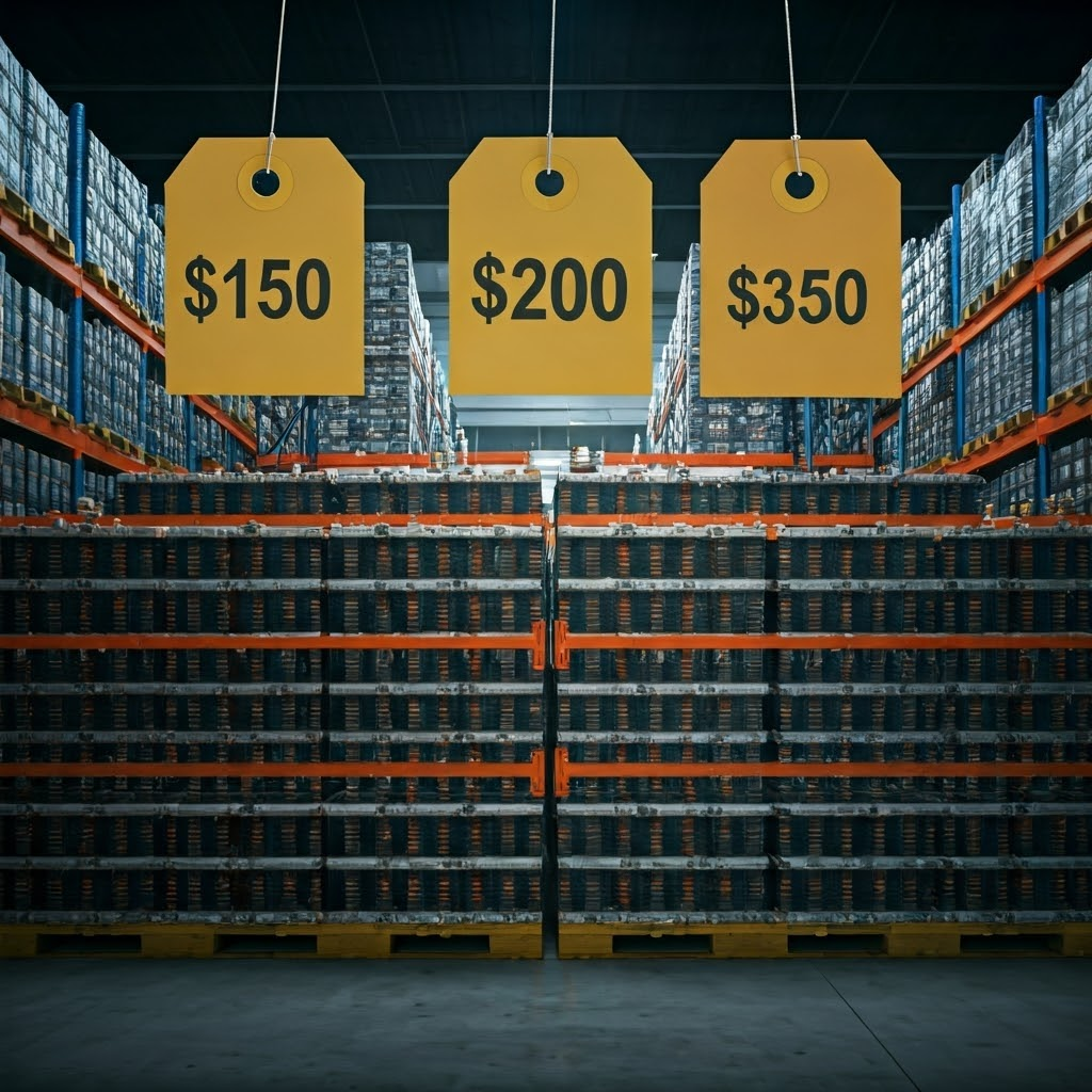 Warehouse of battery racks with large hanging price tags $150, $200, and $350