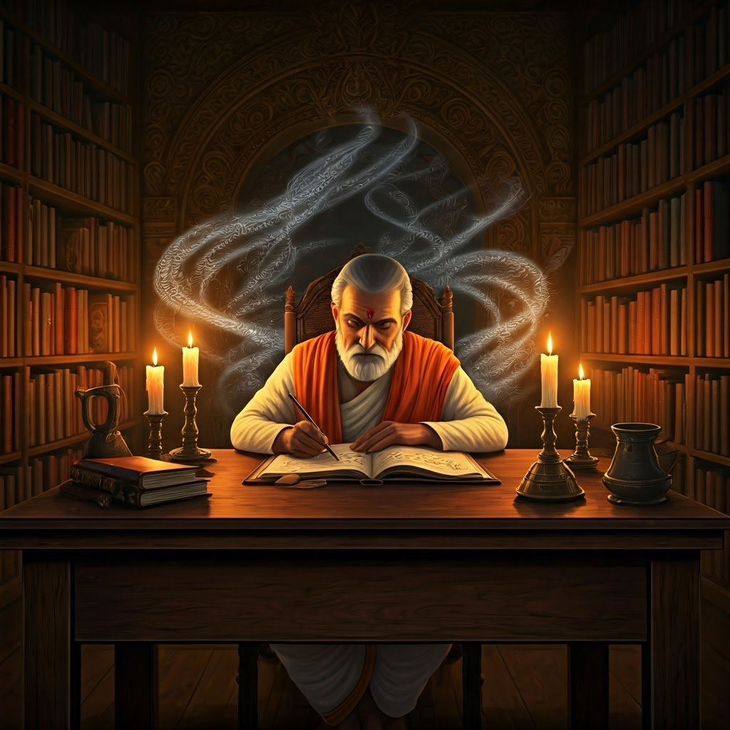 Scholar in an ancient library studies Upanishad scrolls under candlelight, illustrating contemplative inquiry.