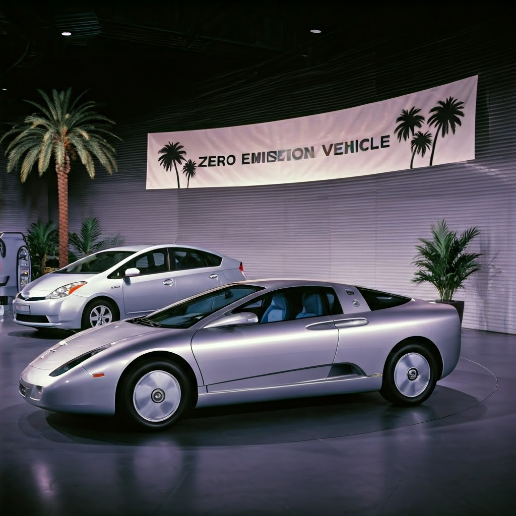 1990s showroom featuring the sleek GM EV1 beside a first-generation Toyota Prius under a Zero Emission banner
