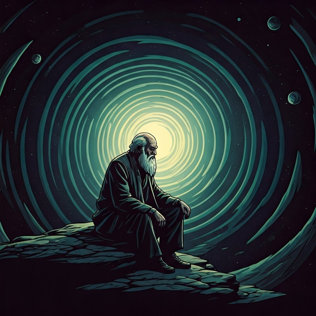 Elder philosopher on rocky ledge gazes into swirling cosmos, abstract shapes hint at boundless thought