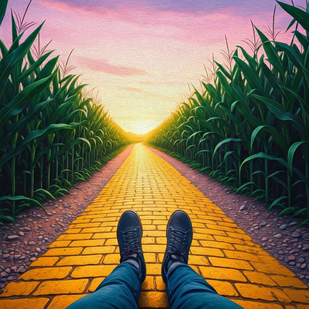 A winding yellow brick road cuts through tall green cornfields at dawn, placing the viewer at ground level and hinting at an adventure that feels vividly real.