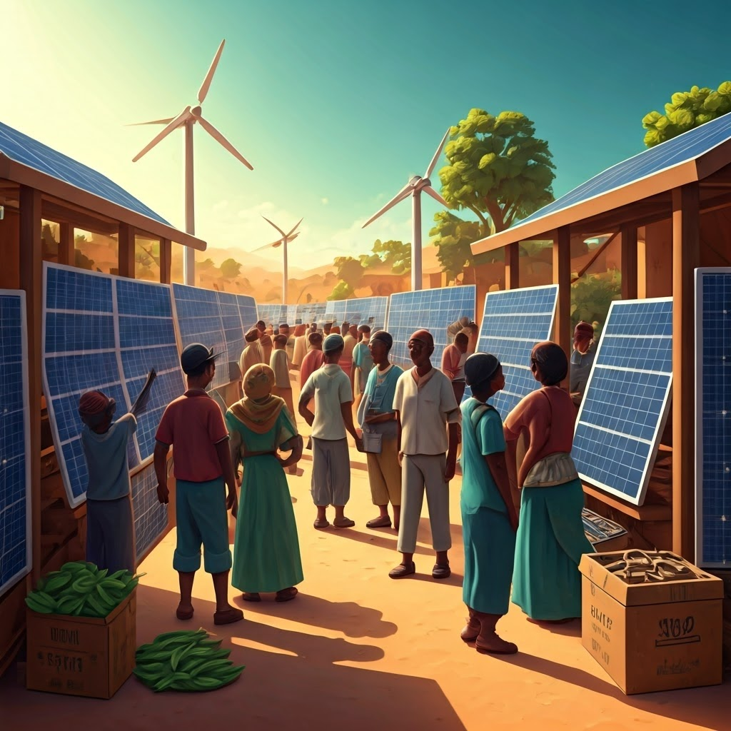 Community members browse stalls made of solar panels and small turbines, trading parts like produce at a farmers’ market.