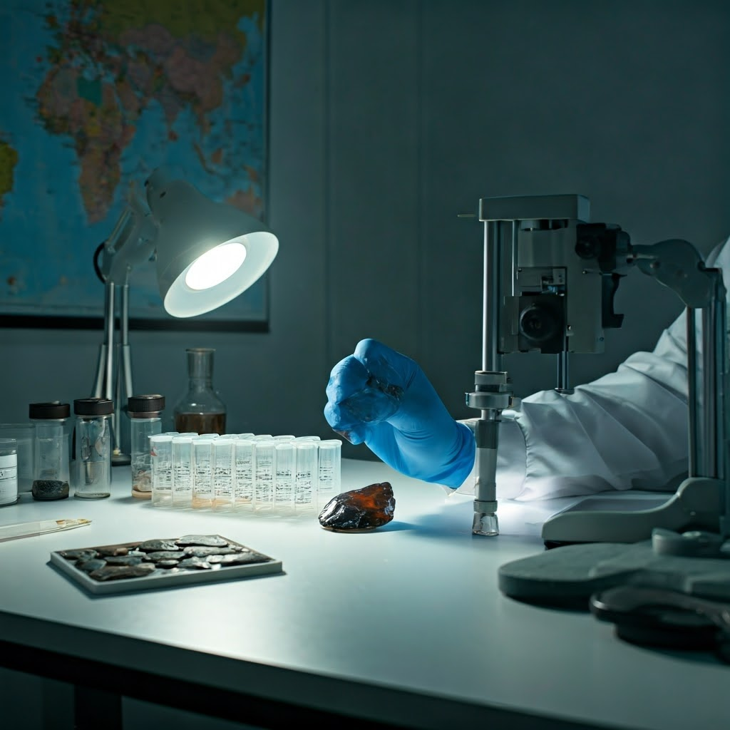 Lab scientist scans tiny obsidian flakes with X-ray fluorescence equipment, world map filled with colored pins behind