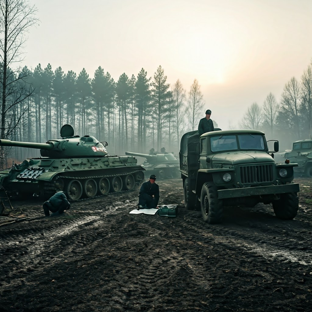 Foggy forest clearing with stalled Soviet tanks and confused officers over maps